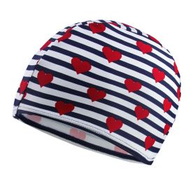 Kids Elastic Swimming Cap Cloth Fabric Swim Caps Blue Striped Love Print Bathing Cap