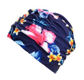 2 Pack Pleated Swimming Cap Long Hair Cloth Febric Swim Caps Bathing Cap, Blue and Red Flowers