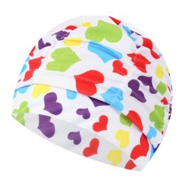 2 Pack Pleated Swimming Cap Long Hair Cloth Febric Swim Caps Bathing Cap, Multicolor Heart